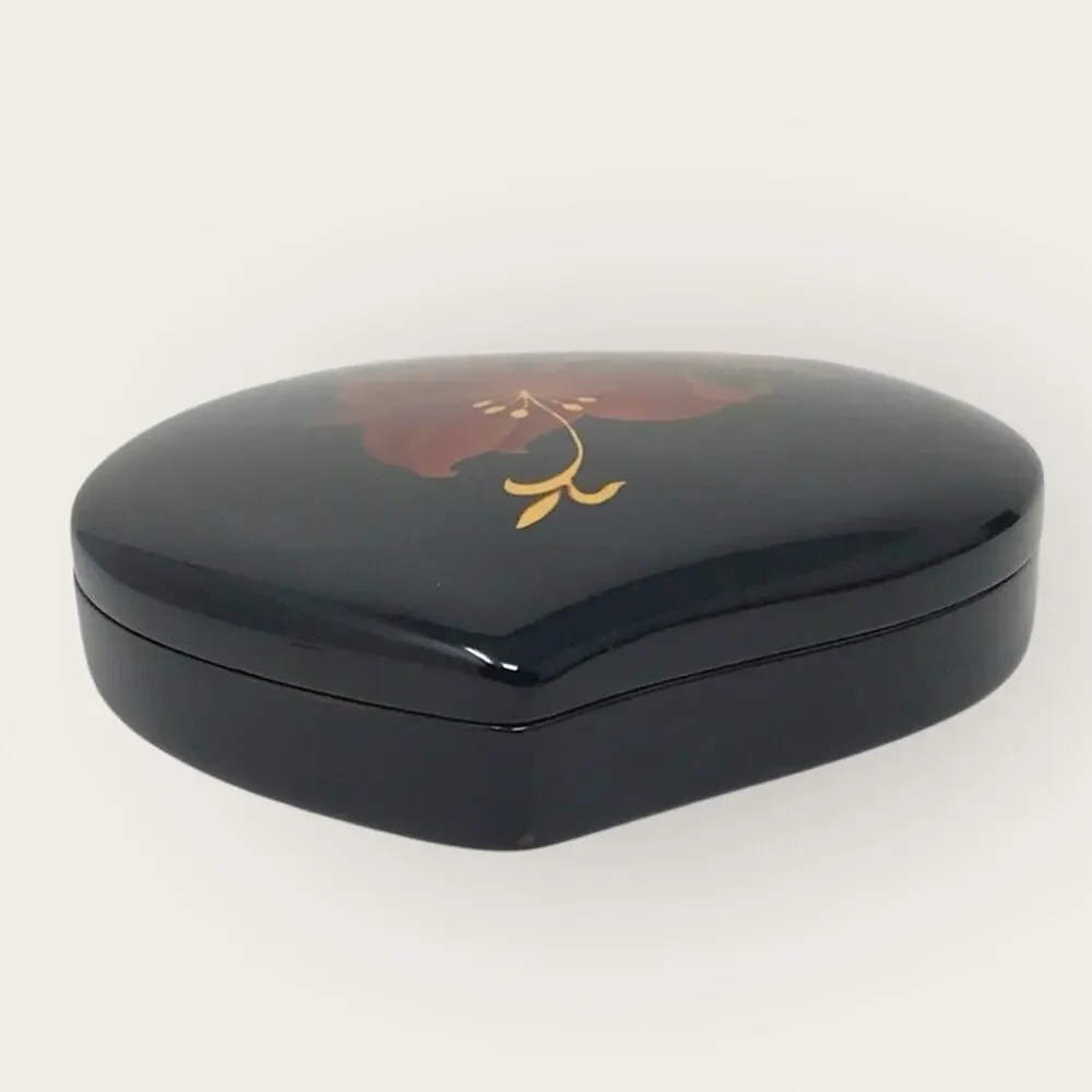 Vintage Floral Lacquer Black and Orange Art Jewelry Trinket Box